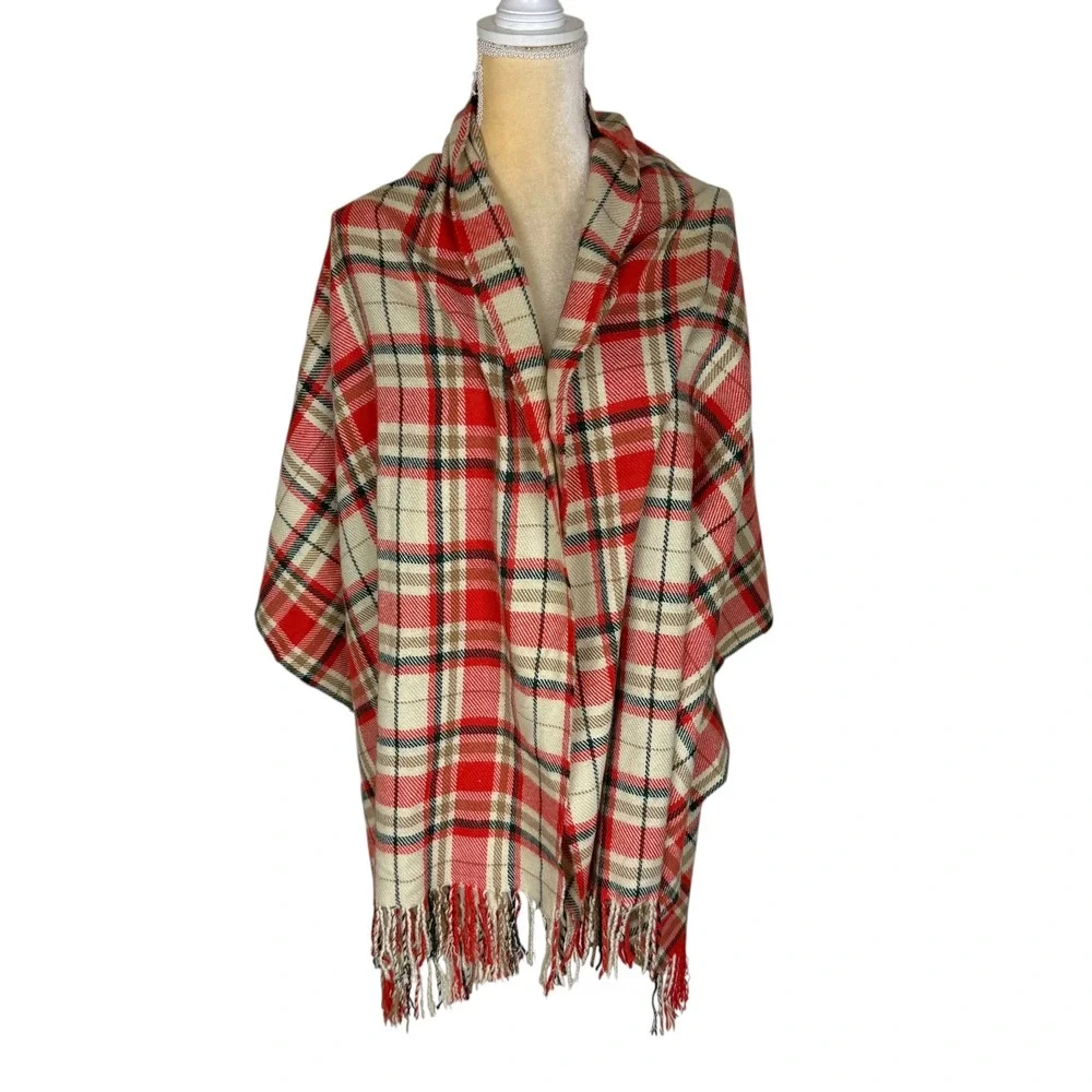 J. Crew Plaid Scarf‎ Orange Cream Green Fringe 25 x 70 Preppy